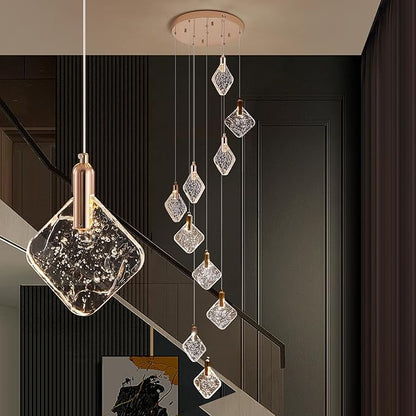 Staircase Crystal Chandelier 10-Light Pendant Light, Modern Square LED H118 High Hanging Ceiling Fixture with Gold Base for Living Room, Dining Room, Kitchen, and Hallway