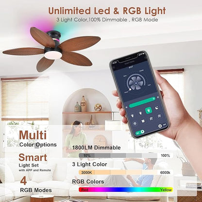 Tropical Palm Leaf RGB Ceiling Fans with Lights 46”, Brown Flush Mount Ceiling Fan with Light and Remote, 3CCT Dimmable LED&&Side RGB Light, Reversible 6 Speeds, Quite Low Profile Ceiling Fan Party