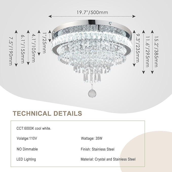 FRIXCHUR 19.7" Crystal Chandeliers Crystal Ceiling Light Fixtures Modern Flush Mount Light LED Chandelier Lamp for Living Room Bedroom Dining Room 6500K Cool White