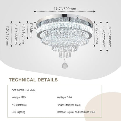 FRIXCHUR 19.7" Crystal Chandeliers Crystal Ceiling Light Fixtures Modern Flush Mount Light LED Chandelier Lamp for Living Room Bedroom Dining Room 6500K Cool White