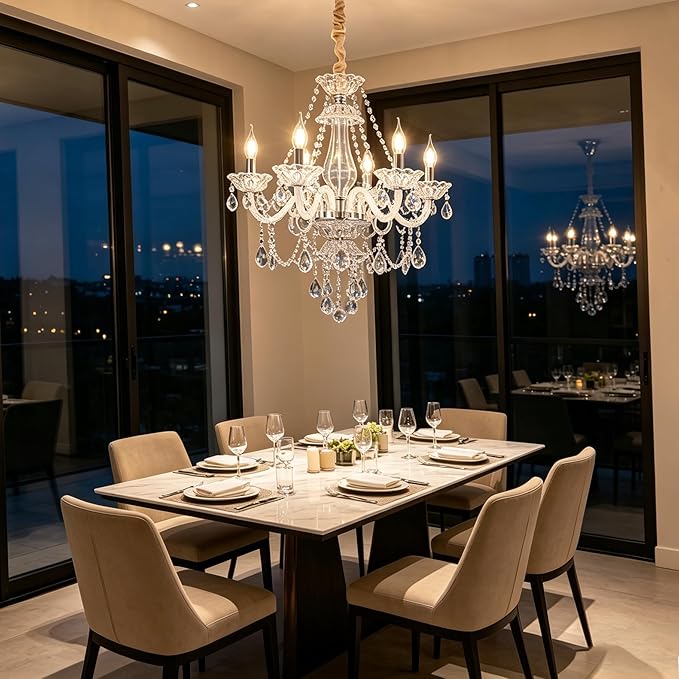 Modern Clear Crystal Chandelier 6-Light for Dinning Room K9 Crystal Ceiling Chandelier Lighting Fixtures for Living Room Bedroom Kitchen Easy Install (Clear 6 Lights)
