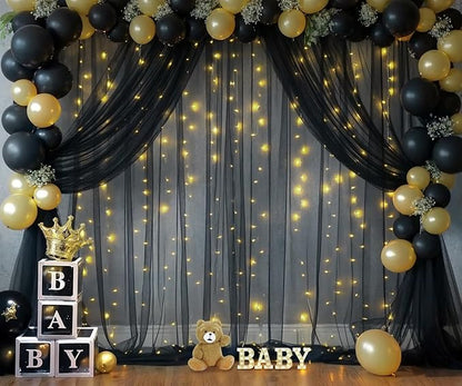 10×12ft Black Sheer Backdrop Curtains with Lights String for Parties Birthday Black Tulle Backdrop Curtain for Baby Shower Wedding Graduation Halloween Party Photo Shoot Decorations 2 Panels 5×12ft