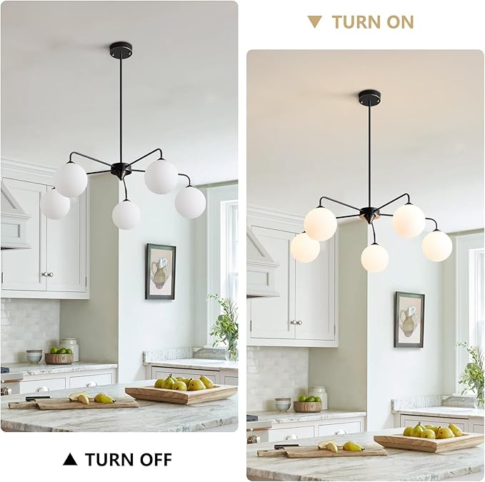 5 Light Mid Century Sputnik Chandelier with White Frosted Globe Glass Shade Pendant Lighting Fixture Living Room Large Pendant Lamp for Bedroom Kitchen Island