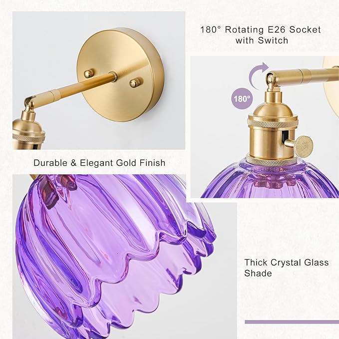 Hardwired Wall Sconce Light, Vintage Wall Sconce with Switch, Gold Wall Light Fixture with Tulip Purple Glass Lampshade, Indoor Wall Light for Bedroom Bathroom, Bedside Wall Lamp