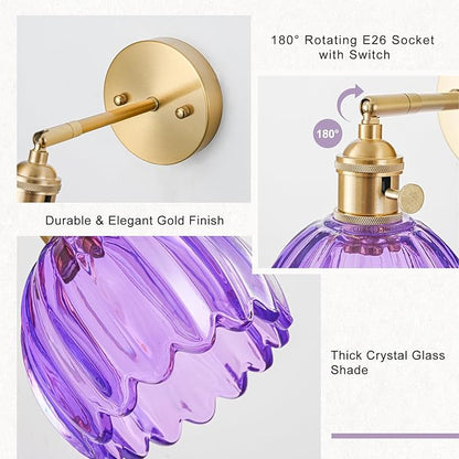 Hardwired Wall Sconce Light, Vintage Wall Sconce with Switch, Gold Wall Light Fixture with Tulip Purple Glass Lampshade, Indoor Wall Light for Bedroom Bathroom, Bedside Wall Lamp