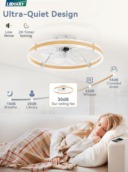 LEDIARY Ceiling Fans with Lights and Remote, 24'' Low Profile Ceiling Fan with Light, 3000-6000K Dimmable Fandelier Ceiling Fans, Modern Flush Mount Fan for Bedroom with 6 Wind Speeds- Wood Grain