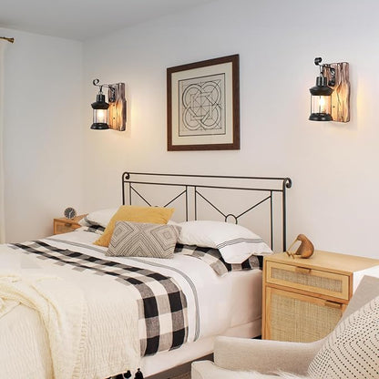 Rustic Wall Light Fixtures Vintage Wall Sconces Sets of 2 Farmhouse Antique Wooden Lamp with Clear Glass Indoor Lighting Black Bedside Sconces Lighting for Bar Cafe Barn Stairs