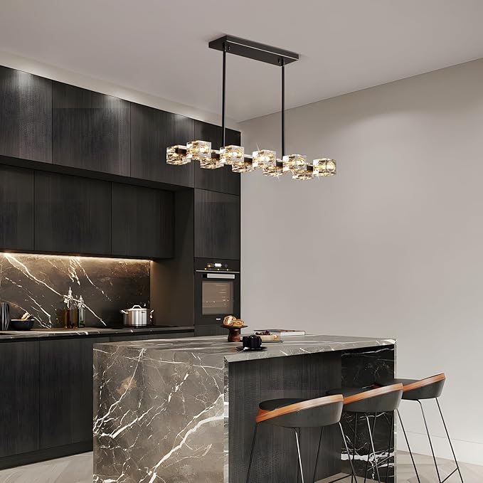 Modern Crystal Chandeliers for Dining Room,Black and Gold Pendant Lights Fixture with 10-Lights,Adjustable Height Hanging Ceiling Light for Kitchen Island,Bedroom,Over Table,Living Room