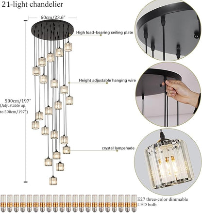 Long Chandeliers for High Ceilings,Modern Crystal Pendant Light,Raindrop Drop Lamp,Hanging Flush Mount Lighting Fixtures for Spiral Staircase,Foyer,Entryway,Living Room,Black (21 Lights)