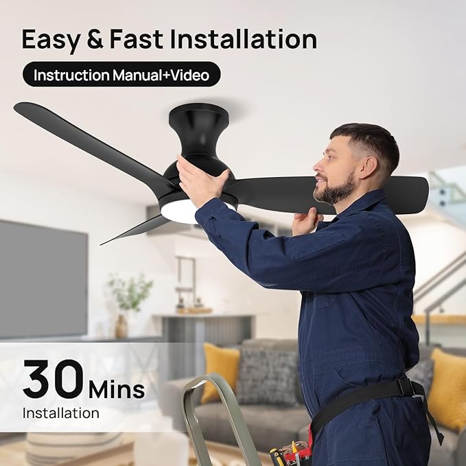 Consciot Ceiling Fan With Light, 44 Inch Low Profile Ceiling Fan with remote control, 6-speed choice, Reversible DC motor, 3CCT, Dimmable, Whisper, Easy Install, For Indoor and Covered Outdoor (black)