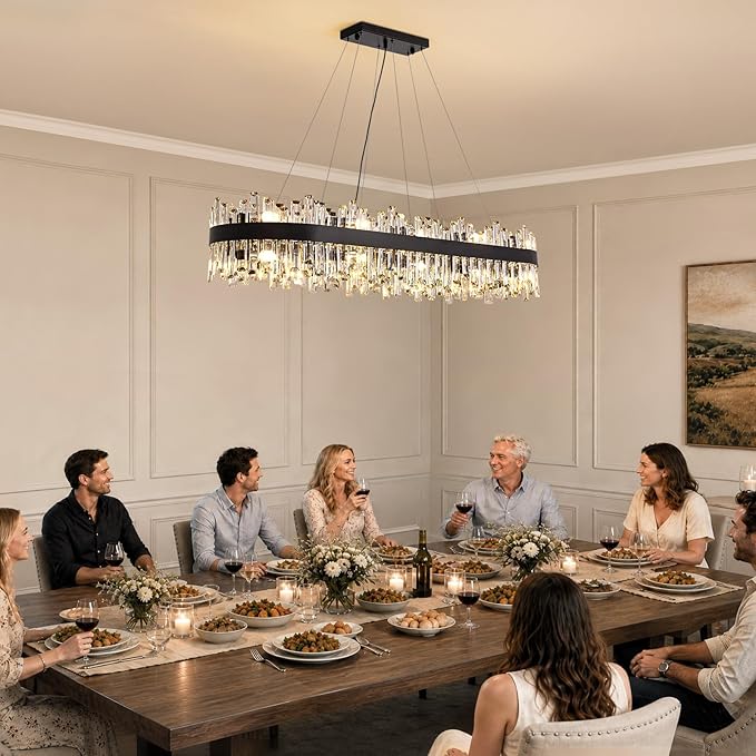 Large Rectangular Crystal Chandelier for Dining Room, 20-Light Modern 2-Tiers Oval Flush Mount Pendant Ceiling Light Fixture for Living Room Kitchen Island Bar 52 Inches