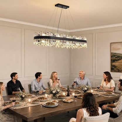 Large Rectangular Crystal Chandelier for Dining Room, 20-Light Modern 2-Tiers Oval Flush Mount Pendant Ceiling Light Fixture for Living Room Kitchen Island Bar 52 Inches