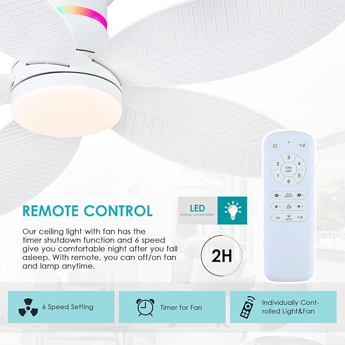 Surtime 46" White Ceiling Fans with RGB Lights - Flush Mount Ceiling Fan Light with LED 3CCT Dimmable, Tropical Palm Leaf Ceiling Fans for Indoor Party,Covered Outdoor