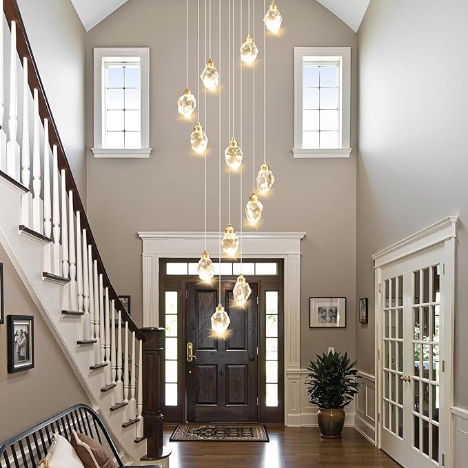 Crystal LED High Ceiling Chandelier: Long Remote Dimmable 12 Gold Pendant Light Fixture - Spiral Drop Flush Mount Sloped Ceilings Modern Chandeliers For Entryway Living Room Foyer Staircase Entrance