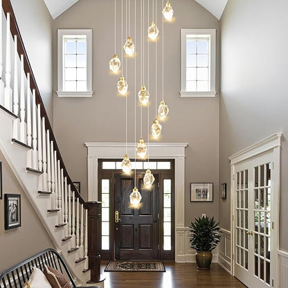 Crystal LED High Ceiling Chandelier: Long Remote Dimmable 12 Gold Pendant Light Fixture - Spiral Drop Flush Mount Sloped Ceilings Modern Chandeliers For Entryway Living Room Foyer Staircase Entrance