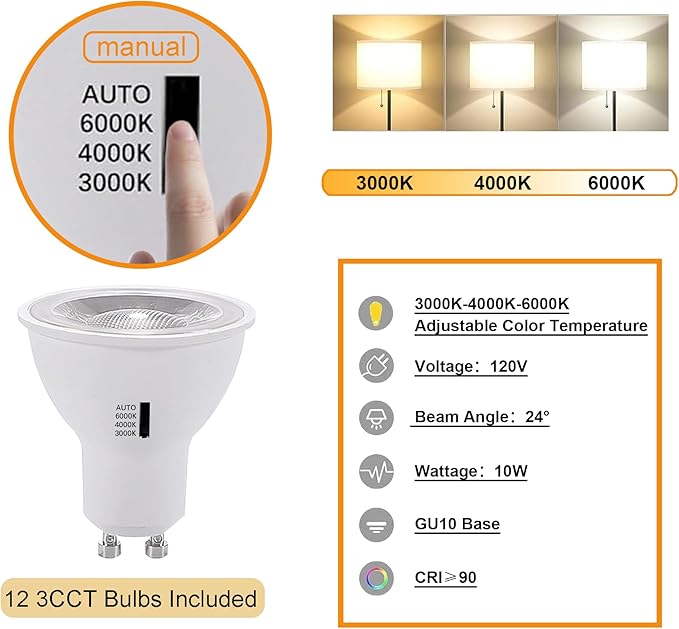 Plug in 3CCT White Track Lighting Complete Kit with 4*3.28FT H Track Light Rails and 120V 12x10W GU10 Track Lighting Heads Brightness Dimmable Ceiling Spotlight Fixture for Accent Lighting