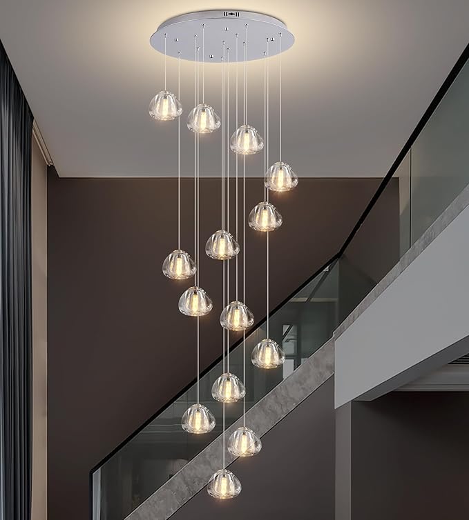 Modern Crystal Chandelier 14-Lights High Ceiling Raindrop Chandelier Lighting Fixture, Large LED Round Indoor Lighting Fixture Chrome for Foyer Staircase Living Room