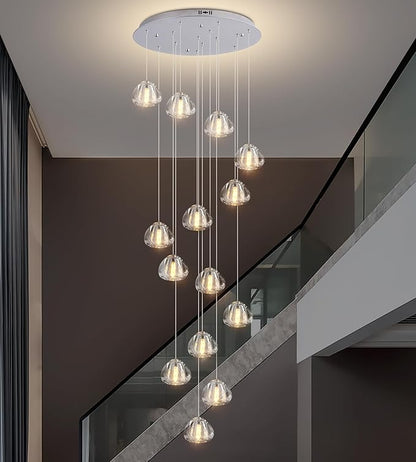 Modern Crystal Chandelier 14-Lights High Ceiling Raindrop Chandelier Lighting Fixture, Large LED Round Indoor Lighting Fixture Chrome for Foyer Staircase Living Room