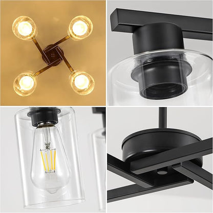 4-Light Black Modern Farmhouse Chandelier, Adjustable Height Pendant Lighting for Kitchen Island & Dining Room, Industrial Hanging Fixture with Clear Glass Shade for Entryway Foyer Bedroom