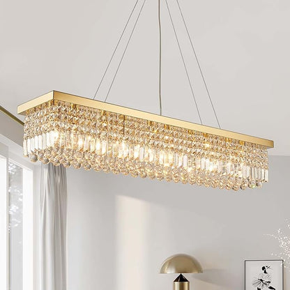7PM Rectangle K9 Crystal Chandelier Modern Gold Crystal Chandelier Rectangular Pendant Lighting Fixture for Dining Room Kitchen Island Bedroom L47'' x W10'' x H10''