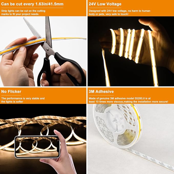 PAUTIX White LED Strip Lights 3000K,Dimmable cob led 32.8ft/10m DC24V Warm White LED Strip Lights,High Lumen Tape Lights Kit,Work with Alexa/Google Assistant for Home, Kitchen DIY Lighting