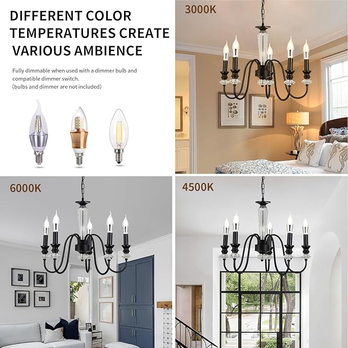 Black Chandelier, 5-Light Farmhouse Candle Chandelier for Living Room, Rustic Industrial Pendant Chandeliers for Dining Room, Vintage Crystal Hanging Light fixture for Hallway Kitchen Foyer E12
