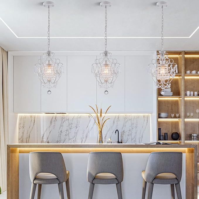 Modern Mini Chandelier,White Retro Crystal Light Fixtures Ceiling Mount 1 Light Small Crystal Chandeliers for Bedroom Elegant Hanging Lighting for Girls Room Dining Room Closet Kitchen Island