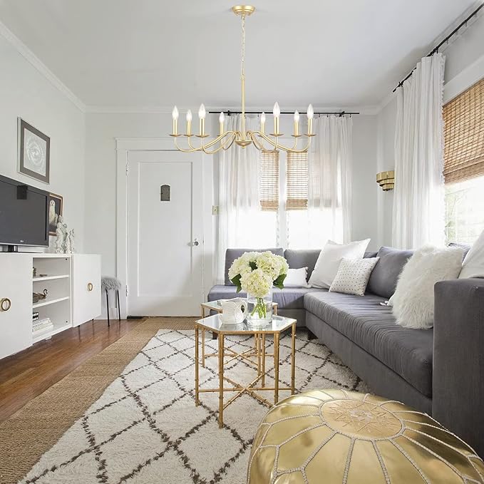 Gold Chandelier 8-Light Modern Farmhouse Chandelier Lighting Fixtures Rustic Candle Hanging Chandelier for Living Room Foyer Hallway Bedroom Kitchen