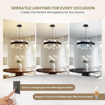 Modern Crystal Chandelier for Dining Room, 12-Light Luxury Black 2 Tiers Crystal Raindrop Chandelier, Contemporary Hanging Light Fixture for Living Room Entryway Foyer D19.7''