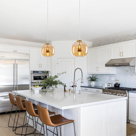 Amber Glass Pendant Lights Kitchen Island Gold Hanging Light Fixture Glass Globe Pendant Light Modern Pendant Lighting for Kitchen Island Bedroom Dining Room (7.87", 1 Pack)