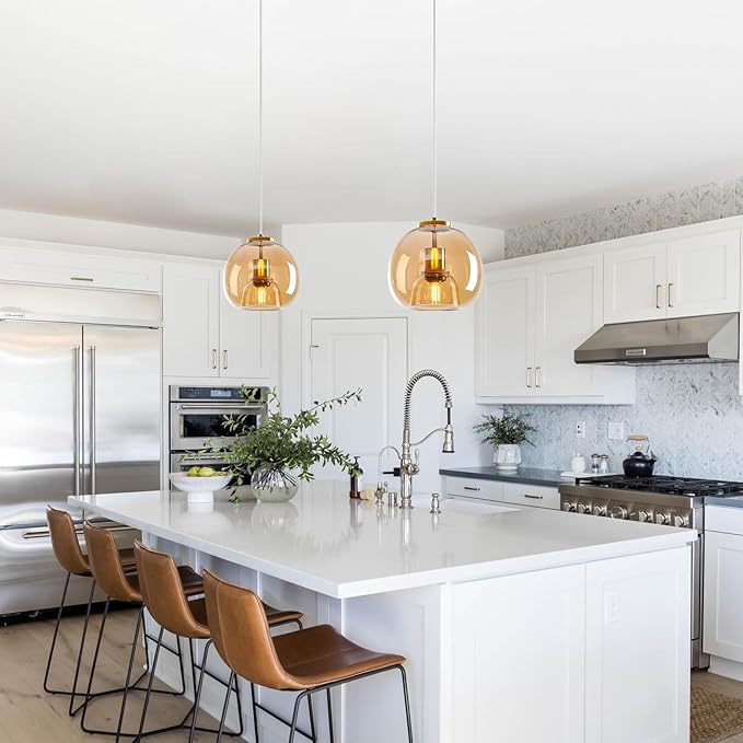 Amber Glass Pendant Lights Kitchen Island Gold Hanging Light Fixture Glass Globe Pendant Light Modern Pendant Lighting for Dining Room Bedroom Kitchen Island (7.87", 2 Pack)