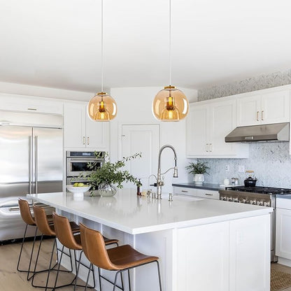 Amber Glass Pendant Lights Kitchen Island Gold Hanging Light Fixture Glass Globe Pendant Light Modern Pendant Lighting for Dining Room Bedroom Kitchen Island (7.87", 2 Pack)