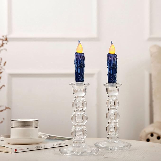 CVHOMEDECO. Real Wax Hand Dipped Battery Operated LED Timer Taper Candles Rustic Primitive Flameless Lights Decor, 4-3/4 Inch, Navy Blue, 6 PCS in a Package