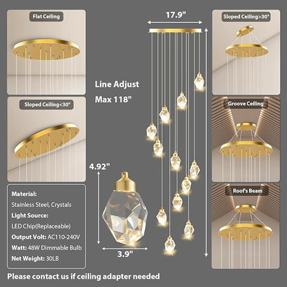 Crystal LED High Ceiling Chandelier: Long Remote Dimmable 12 Gold Pendant Light Fixture - Spiral Drop Flush Mount Sloped Ceilings Modern Chandeliers For Entryway Living Room Foyer Staircase Entrance