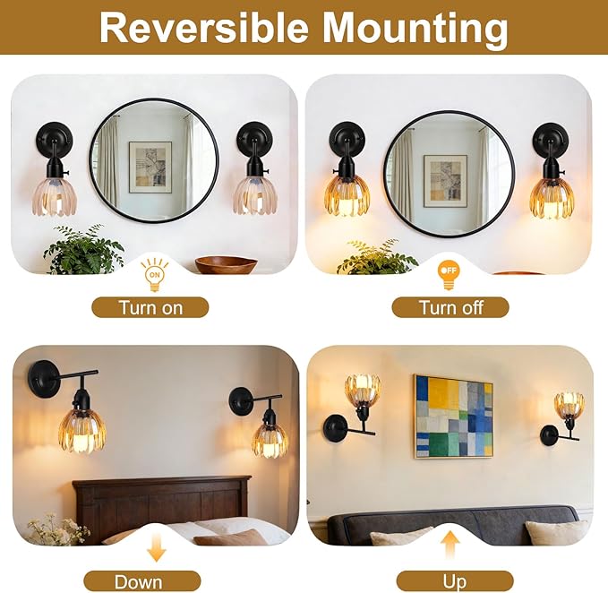Vintage Wall Sconces with Cute Amber Tulip Glass Lampshade, Black Wall Sconces Hradwired Modern Wall Lighting Fixture with Switch for Bedside Bedroom Living Room Wall Decor