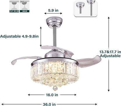 DuMaiWay 36" Dimmable Fandelier Crystal Ceiling Fan with Lights and Remote Modern Invisible Retractable Blades Chandelier Ceiling Fan Light Kit for Bedroom Living Room -Polished Chrome