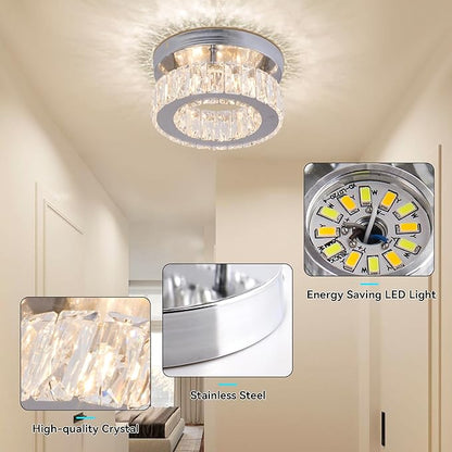 Small Modern Small Crystal LED Chandelier Mini Flush Mount Round Ceiling Light Fixture K9 Crystal Ceiling Lamp for Dining Room Living Room Bedroom (Warm White)