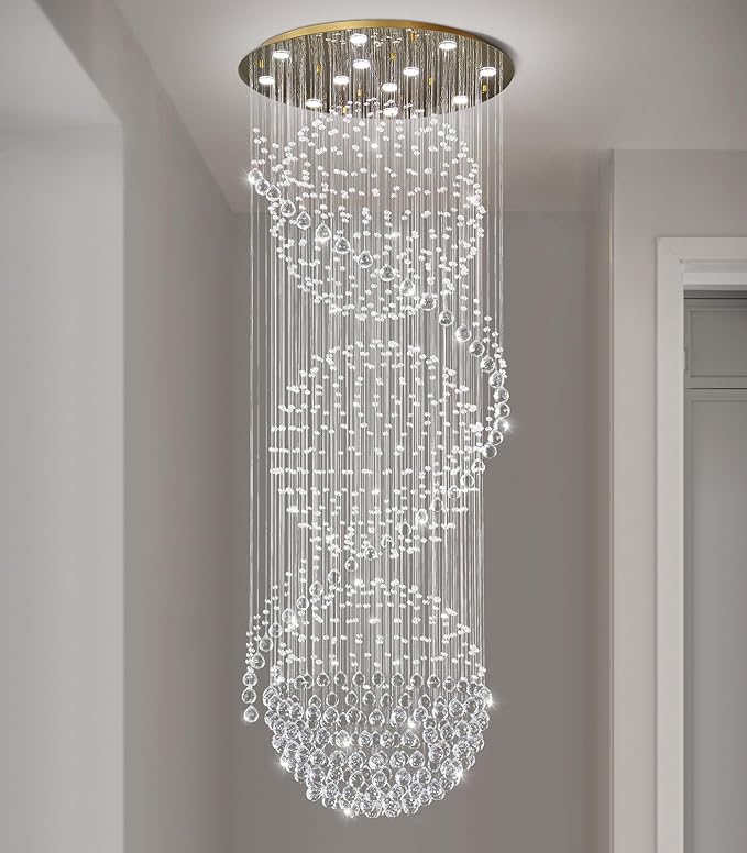 D32'' x H100'' Crystal Chandelier for Entryway High Ceiling Chandeliers Glam Chandelier Modern Large Raindrop Chandeliers LED Dimmable Light Fixtures for Staircaes Foyer Living Room Gold