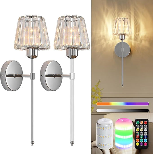 Battery Operated Crystal Wall Sconce Set of 2, Chrome Rechargeable Wireless Wall Sconces with Remote Dimmable 12 Colors Modes Led Wall Lights for Bedroom Living Room Hallway, 2 Bulbs Included