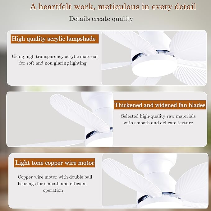 GJeg Tropical Ceiling Fans with Light, 38-inch Flush Mount Palm Leaf Ceiling Fans for Bedrooms, Indoors and Outdoors, Remote Control/APP Control, 6-Speed, Dimmable, Reversible, White.