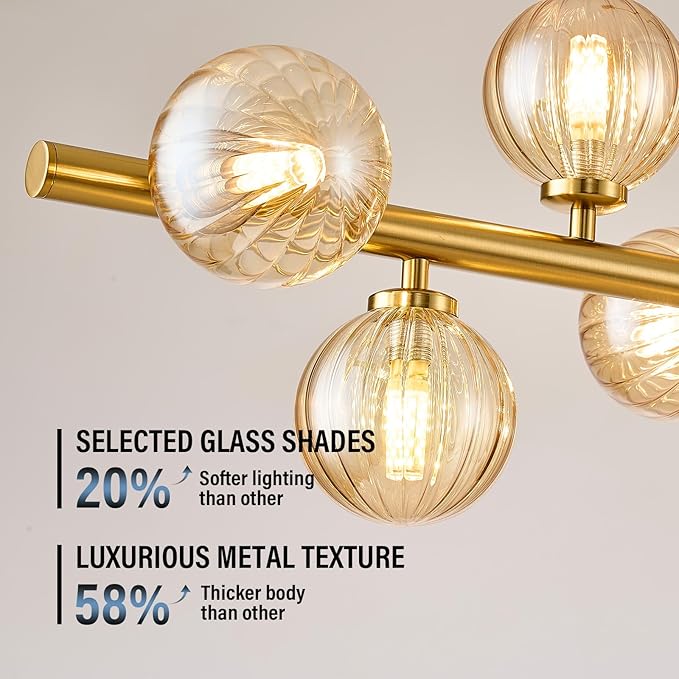 Mid Century Modern Glass Globe Sputnik Chandelier, 9-Light Linear Chandeliers for Dining Room, Kitchen Island, Living, Dining Light Fixture Over Table, Brass Gold and Amber Bubble, 40 Inch