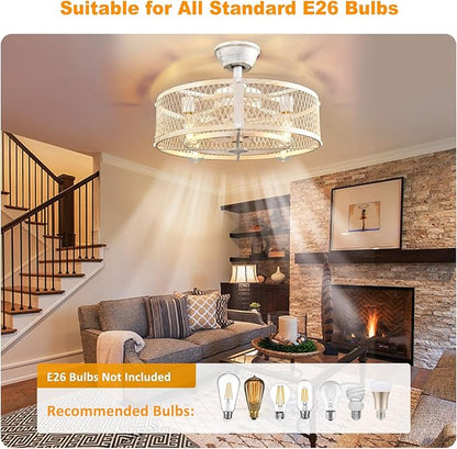 Depuley Outdoor Ceiling Fan with Light: 20" Caged Ceiling Fans with Remote Control for Patio Kitchen Bedroom - Farmhouse Fandelier Flush Mount Lights Fixture Reversible 6 Speed Timer Cement