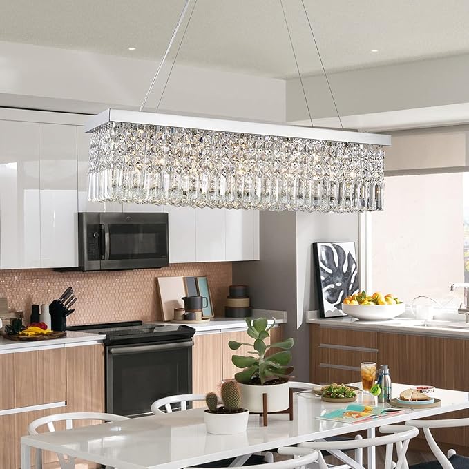 Saint Mossi 5-Lights K9 Crystal Chandelier for Dining Room, Rectangular Pendant Light Fixture for Kitchen Island, Raindrop Flush Mount Ceiling Light Fixture,H9 x W10 x L31, Chain Adjustable