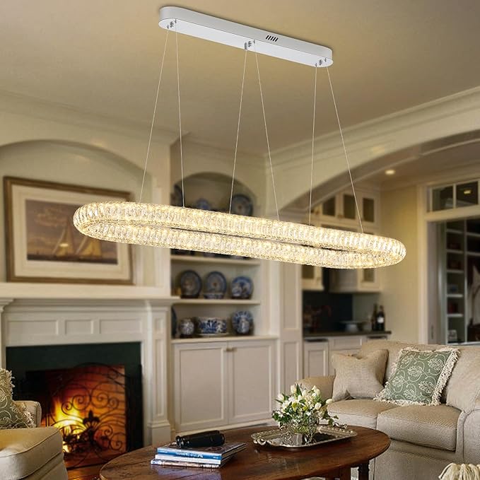 Large Led Ring Chandelier for Living Room 55in Oval Crystal Ring Pendant Light for Kitchen Island Modern Linear Oval Chandeliers Over Table Dimmable 3000K-6000K