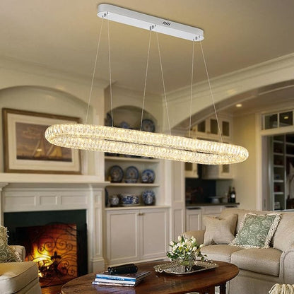 Large Led Ring Chandelier for Living Room 55in Oval Crystal Ring Pendant Light for Kitchen Island Modern Linear Oval Chandeliers Over Table Dimmable 3000K-6000K
