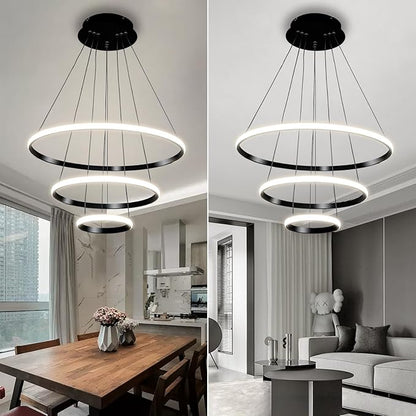 Modern LED Pendant Light, Adjustable Height Circular Entrance Black 3 Ring Circular Chandelier Fixture, Suitable for Restaurants, Kitchens, Islands, Living Rooms, Cafes, Etc. (4000K)
