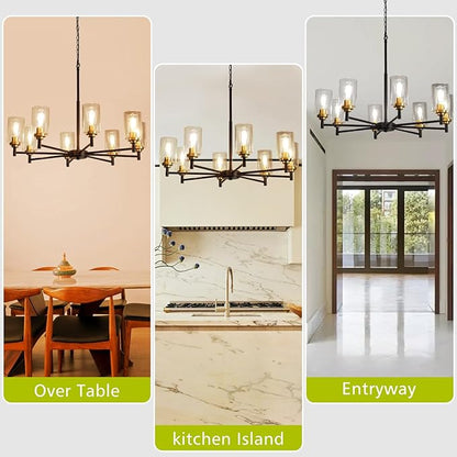 9MMML 8 Lights Black and Gold Chandelier, Modern Glass Ceiling Chandelier Light Fixture, Large Ceiling Hanging Light for Dining Room, Living Room, Bedroom, Kitchen, Over Table, Foyer, E26 Base
