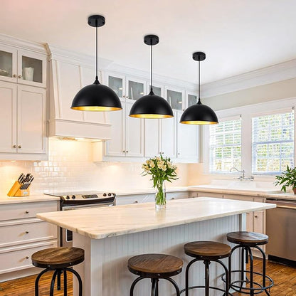 Black Pendant Lights Kitchen Island 3 Pack, 11.8" Farmhouse Pendant Lighting, Black and Glod Kitchen Light, Modern Dome Kitchen Pendant Lighting Over Island Dining Room Entryway Bar