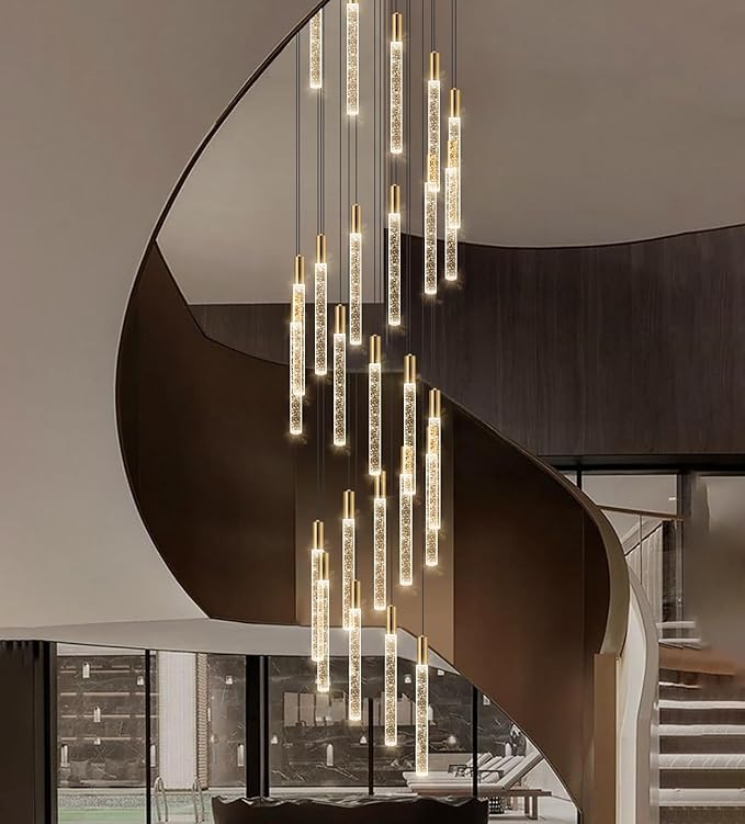 HAIXIANG 13FT High Ceiling Chandelier for Entryway Modern Crystal LED Light Glam Chandeliers for Living Room Foyer Sloping Ceiling Pendant Lighting Fixture 24-Lights Gold