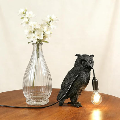 Resin Owl Table Lamp Themed Animal Desk Lamp Art Bird Night Light Lamp for Bedside,Living Room,Office Decor,AC 110V (Black Owl Lamp)